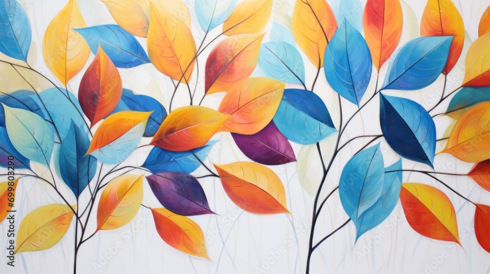  a painting of a bunch of colorful leaves on a white background with a blue sky in the backround.