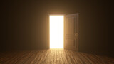 Brown wooden door to the universe. The door open filling with bright warm light. Room with wooden textured floor. Dark to the Light. Entrance or exit, way out concept. 3D render