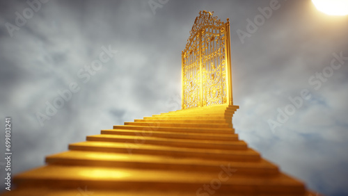Golden staircase to the gate against the colorful sky. Staircase to the top. The soul moves to heaven. 3D render