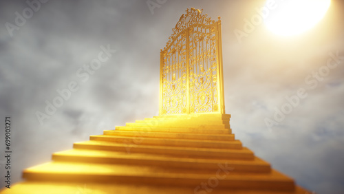 Golden staircase to the gate against the colorful sky. Staircase to the top. The soul moves to heaven. 3D render