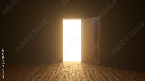 Brown wooden door to the universe. The door open filling with bright warm light. Room with wooden textured floor. Dark to the Light. Entrance or exit, way out concept. 3D render photo