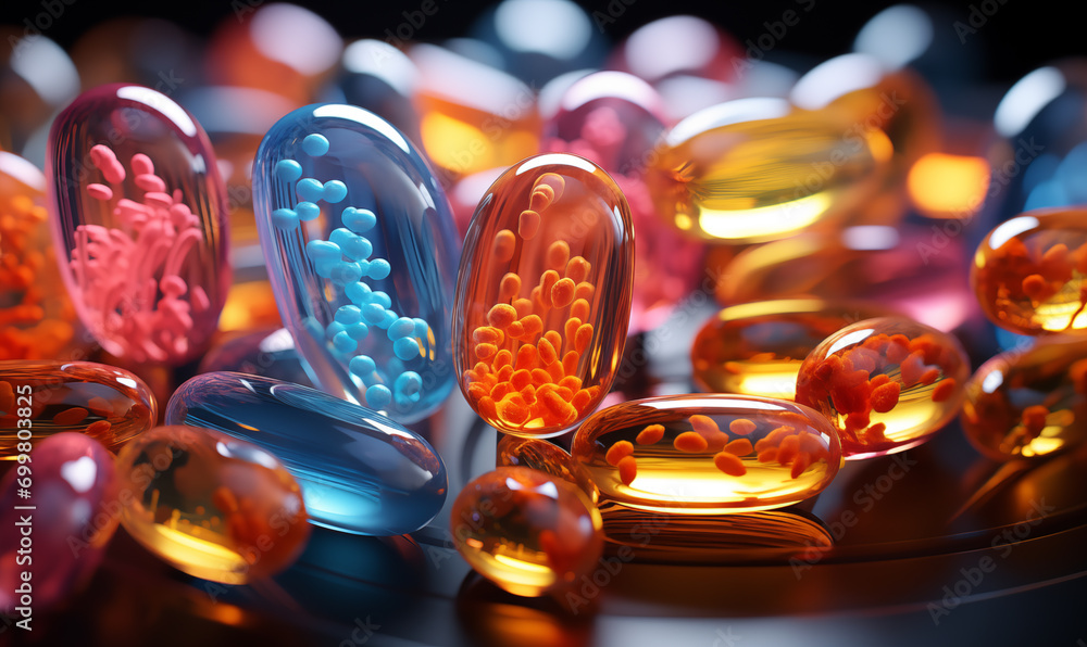 3d illustration of colorful pills and capsules on black background with copy space. - obrazy, fototapety, plakaty 