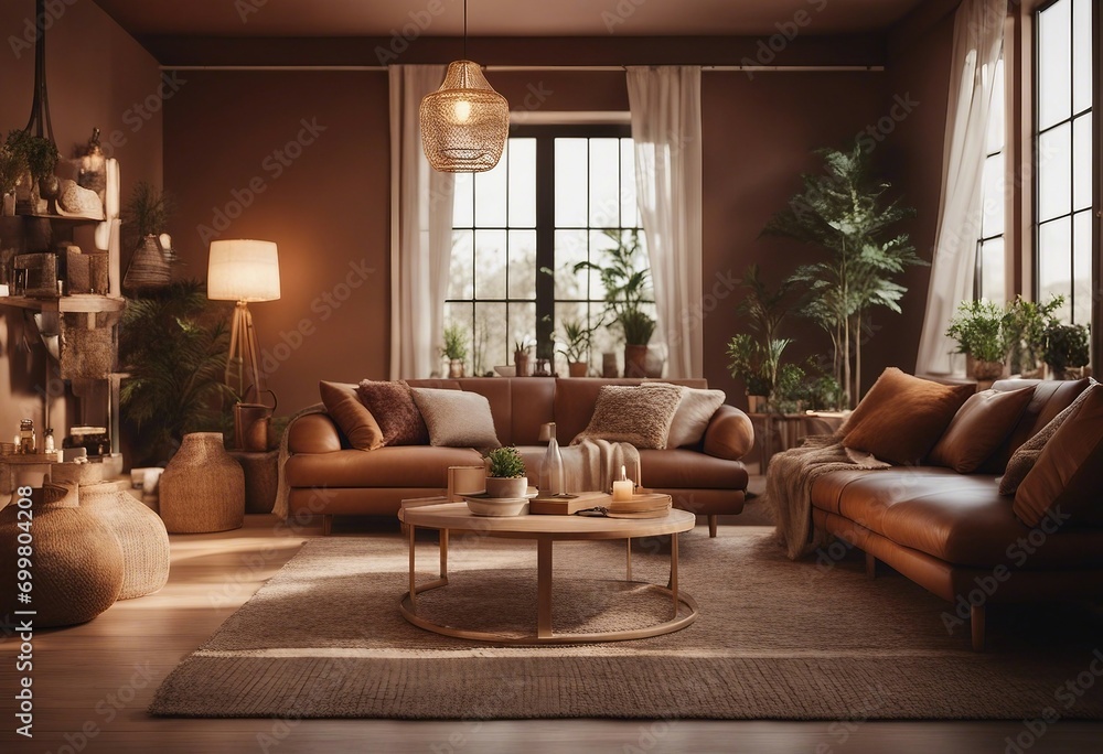 Fototapeta premium Boho style home interior living room in brown warm color 3d render