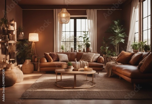 Boho style home interior living room in brown warm color 3d render © FrameFinesse