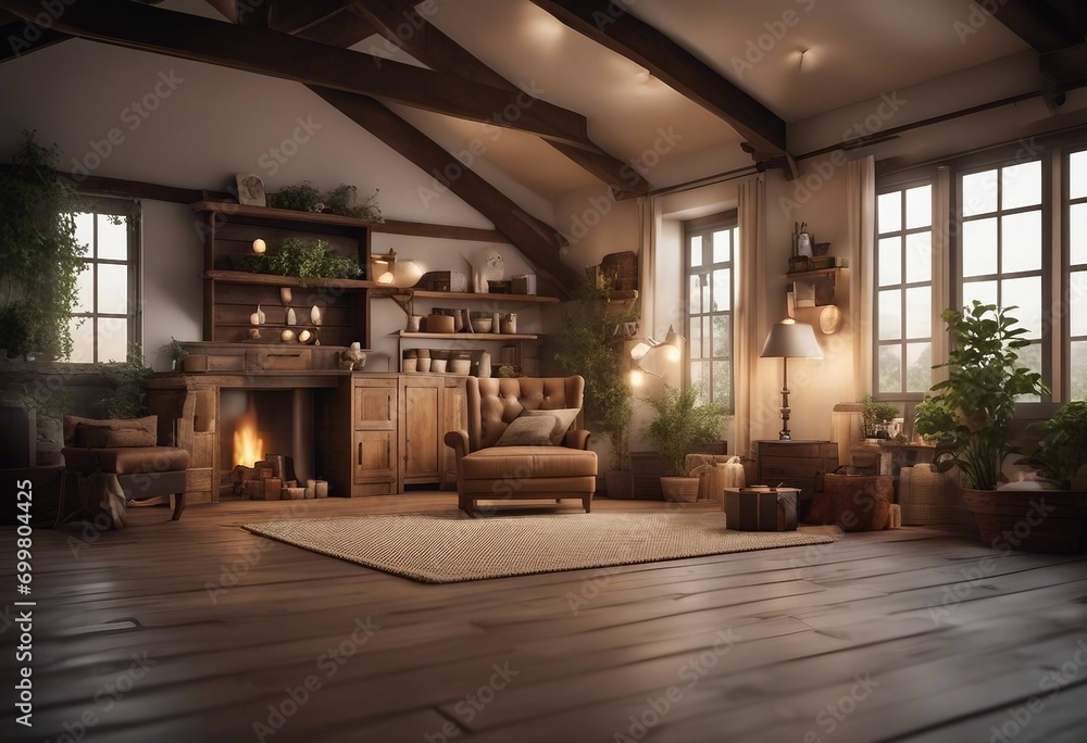 Home interior background cozy room in farmhouse style 3d render. Attic room rustic interior design
