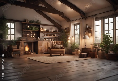 Home interior background cozy room in farmhouse style 3d render. Attic room rustic interior design © FrameFinesse