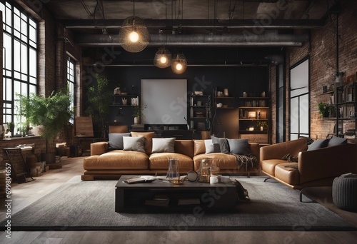 Living room interior in loft industrial style with square artwork mock up template blank frame on the wall