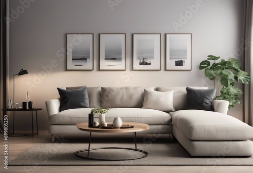 Four vertical artwork or poster frame mock-up in home interior background with sofa table and decor in living room 3d render