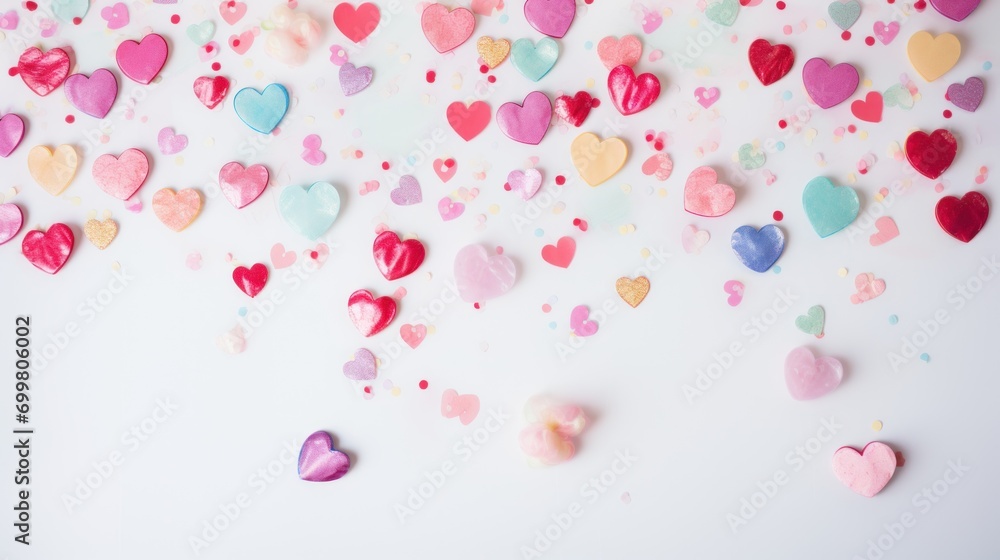  a bunch of heart shaped confetti on a white background with confetti scattered all over the place.