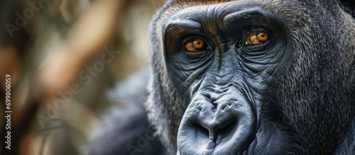 Gorilla closeup, camera gazing.