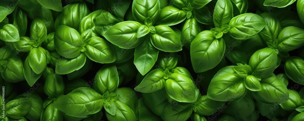 Detail fresh green basil herb leaves in the garden. Generative ai - obrazy, fototapety, plakaty 