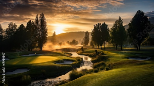 Golden Sunrise Over Serene Golf Course with Misty Waters and Lush Greenery
 photo