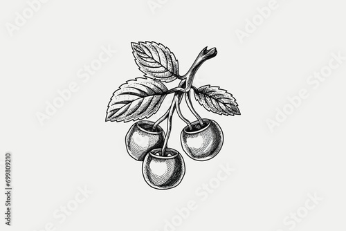 hand-drawn blueberry with leaf design, illustration, white backgound, retro style