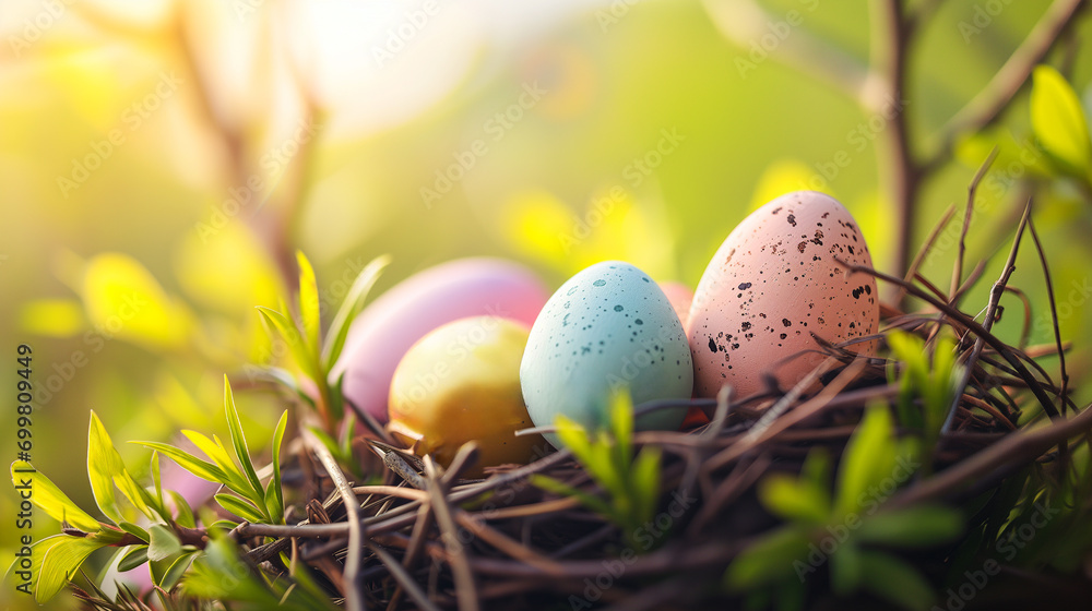 Fototapeta premium Colourful easter eggs lying in a nest in nature
