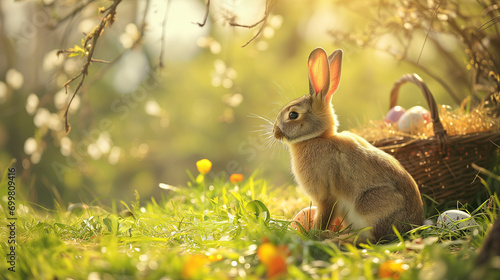 A bunny sitting next to a basket with colourful easter eggs in a sunny spring environment