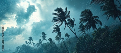 Stormy tropical season with swirling cyclones, coconut palms shaken by violent winds, and ominous dark clouds.