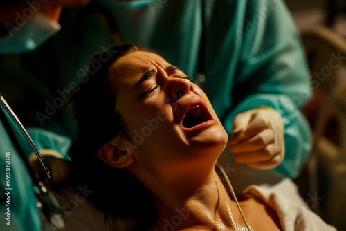 Woman experiencing pain during childbirth. Shallow field of view. 