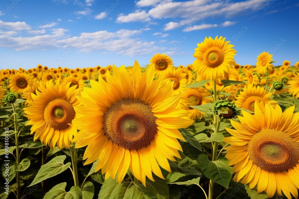 Blooming fields with yellow sunflowers