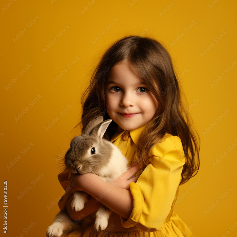 Girl holding a rabbit on a yellow background. Girl holding a rabbit on a yellow background.