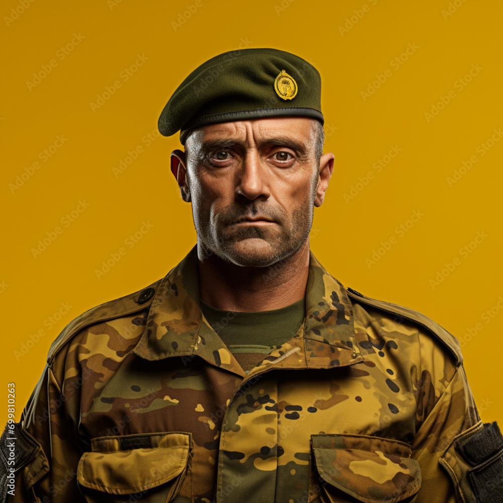 Military man on yellow background. Military man on yellow background.