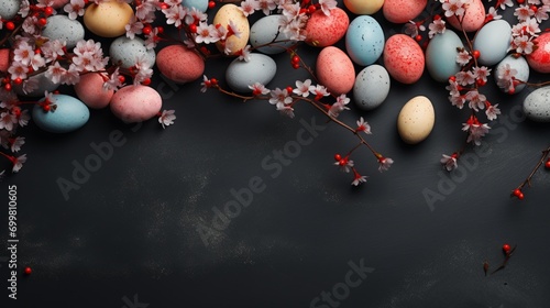 Easter poster and banner template with Flower and Easter eggs on ta black background.