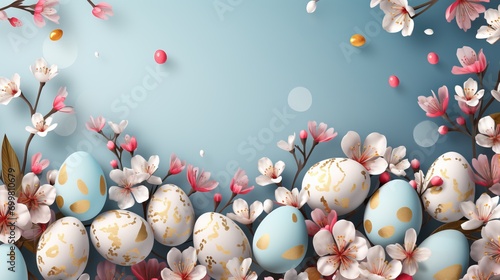 Easter poster with Flowers and Easter eggs on light blue background.