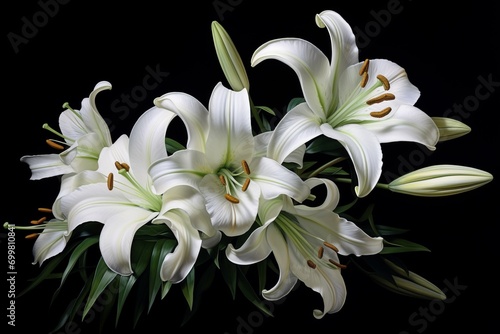 Farewell ceremonial funeral bouquet of white lilies on a dark background