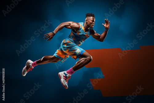 African-American sprinter athlete wearing a bright graphic uniform on a blue and red background.
