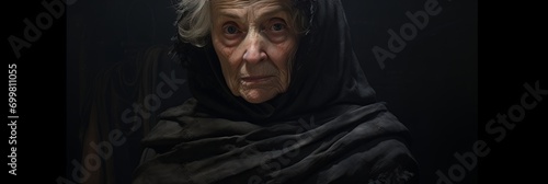 An old elderly widow in mourning attire is mourning, portrait of a grieving widow, banner