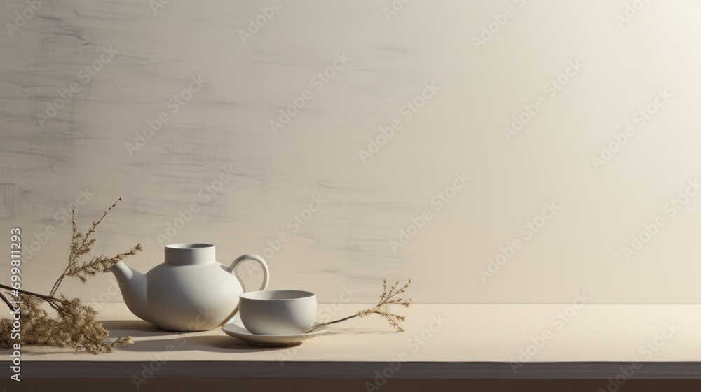 a white vase sitting on top of a table next to a cup and a vase with a twig in it. a white vase sitting on top of a table next to a cup and a vase with a twig in it.