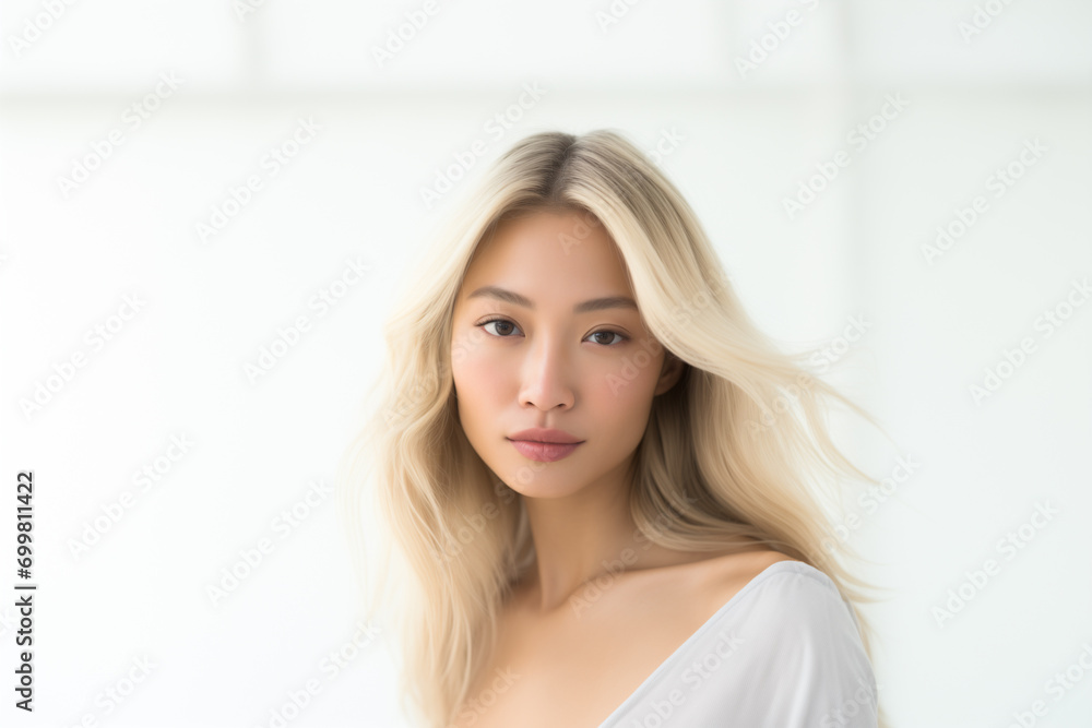 Portrait of a Beautiful Blonde Asian Woman on a White Studio Background Portrait of a Beautiful Blonde Asian Woman on a White Studio Background