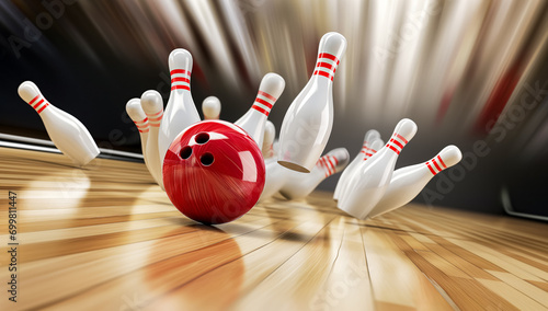 Bowling strike. Bowling Ball crashing into the pins on bowling alley line. Concept of Sport competition or Tournament. 