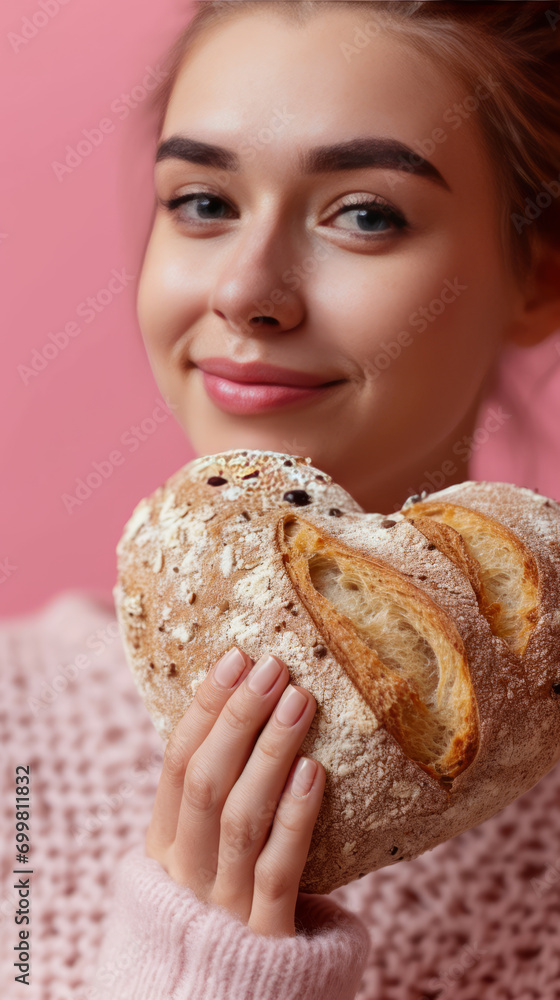 A beautiful woman is holding bakery bread in the shape of a romantic heart. Valentine's Day food concept A beautiful woman is holding bakery bread in the shape of a romantic heart. Valentine's Day food concept