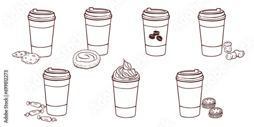 Coffe away cups set. Vector doodle isolated illustration of coffee, cacao, tea, cocktail with cookies, marshmallow, sweets, candy for restaurante menu, cafe, coffee shop poster.