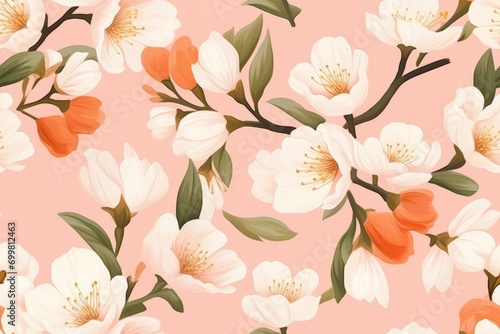 Seamless pattern with blooming peach flowers on a pink background