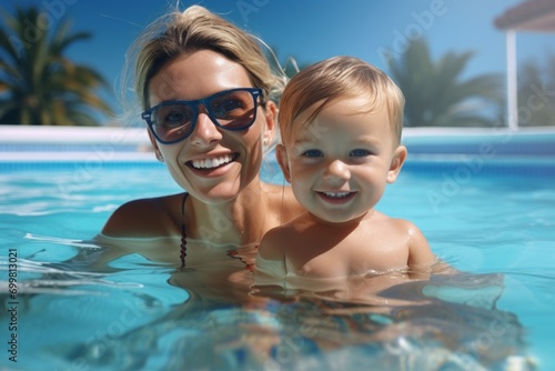 Mom with children in the pool, wonderful summer time with family, active summer holiday