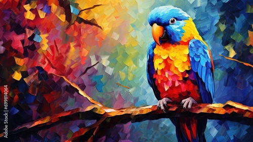 oil painting style illustration, parrot bird in tropical jungle ,cute and adorable wildlife, idea for wall art decor and background wallpaper, Generative Ai © QuietWord