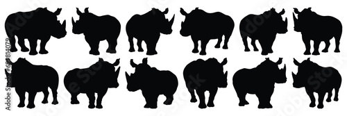 Rhino silhouettes set, large pack of vector silhouette design, isolated white background