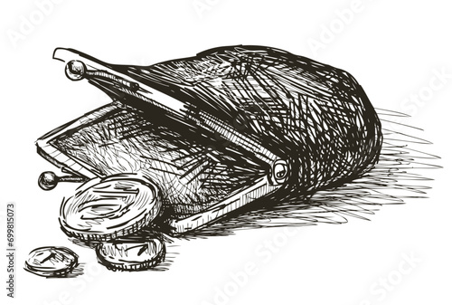 Hand drawing of open old wallet with three metal coins vector illustration