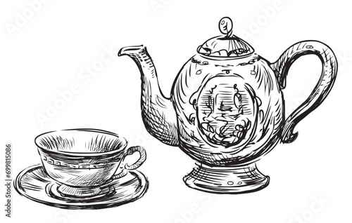 Hand drawn illustration of ceramic tea pot with cup on saucer