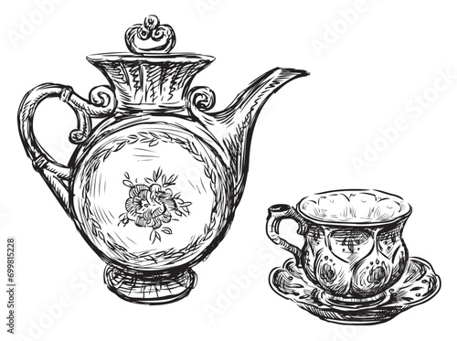 Outline hand drawing of ceramic tea pot with tea cup on saucer isolated on white