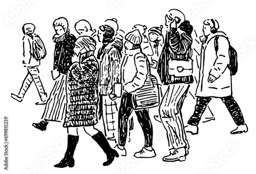 Outline hand drawing of side view casual city dwellers men women from people crowd walking down urban street