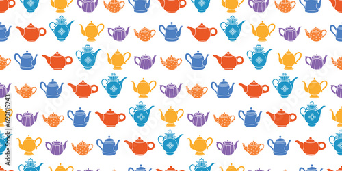 Seamless background of collection different colorful teapots silhouettes