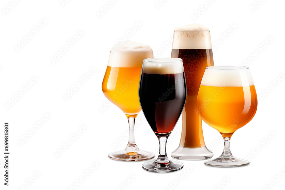 Set of Beer glasses on a white background. Mugs with drink like Ipa, Pale Ale, Pilsner, Porter or Stout