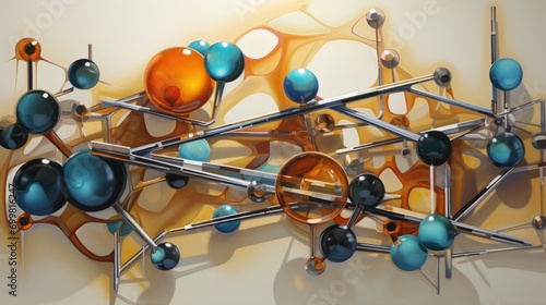  a group of metal objects sitting on top of a white surface with orange and blue balls in the middle of them.