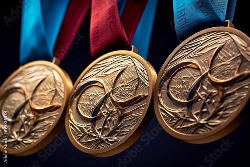Set of gold medals with red and blue ribbons on dark background close-up. Medals for winners of Olympiads, world championships, competitions and international sports events