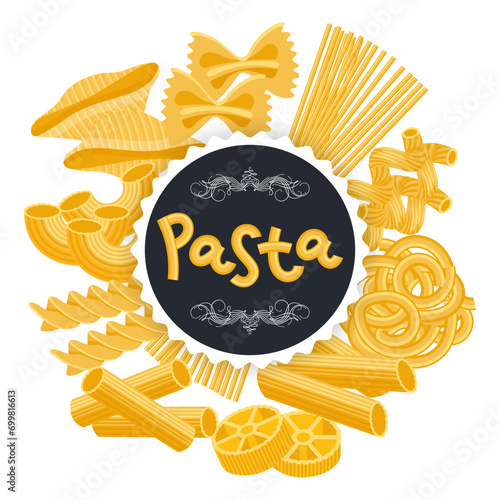 World Pasta Day. Congratulatory text made from pasta on a background of different types of Italian pasta. Poster, vector