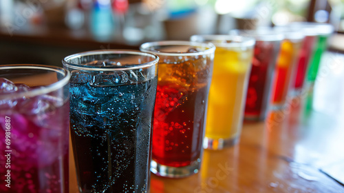 Vibrant set showcasing colorful soda drinks in glasses placed on a table, creating a lively and visually appealing composition. photo