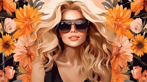 Fashionable blonde girl in sunglasses on a background of flowers, AI