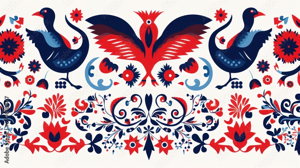 Fototapeta premium a red, white, and blue pattern with birds and flowers on a white background with red, white, and blue accents.